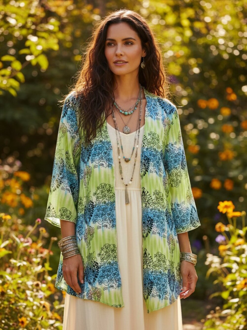 Joni B Kimono Jacket L Coverup Top Blue Green Lightweight Flowy Boho Whimsy Chic